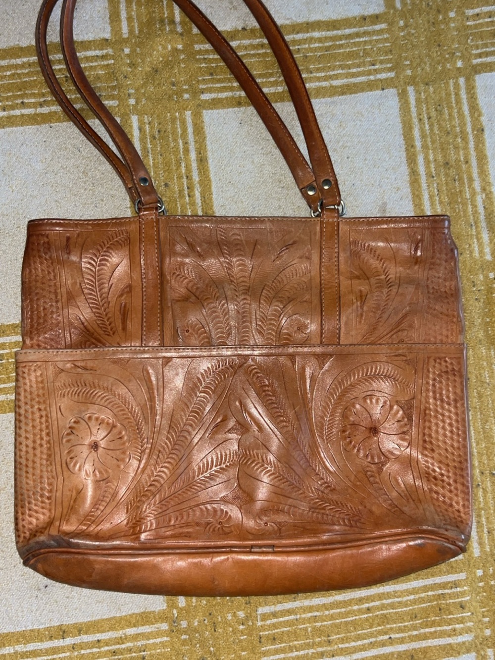 Large Hand-Tooled Leather Tote Bag in Tan